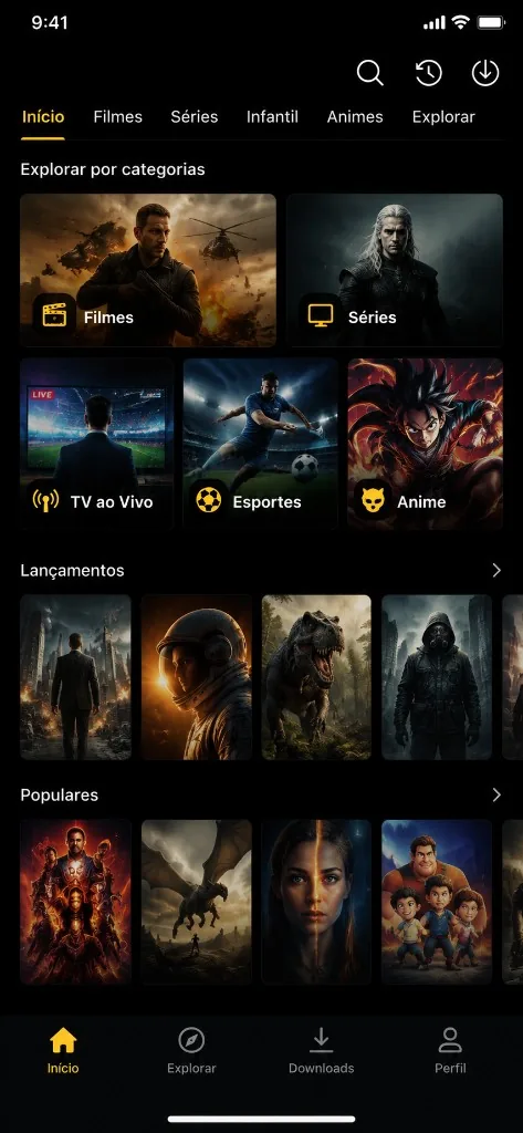 YouCine APK — categorias de filmes, séries, TV ao vivo, esportes e anime