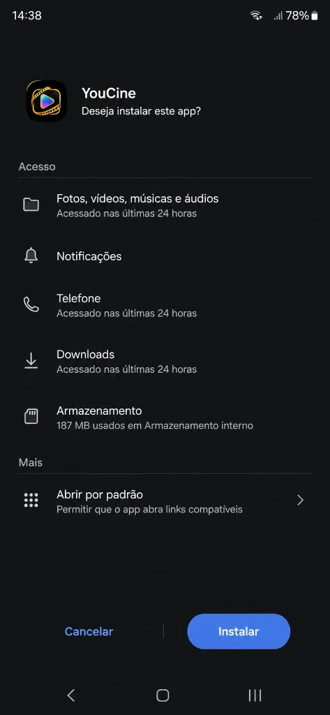 Instalação do YouCine APK no Android — permissões e confirmação do app